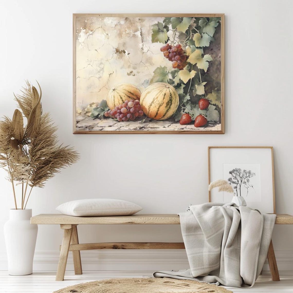 Vintage Melon and Grape Still Life on Weathered Stone Ledge Poster - Image 2