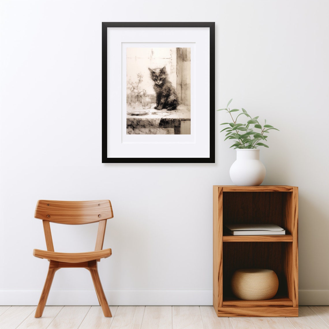 Sepia Toned Kitten Sitting on Table by Window Vintage Sketch Poster - Image 2