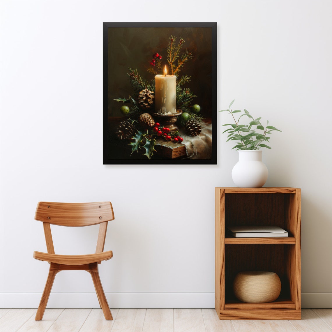 Christmas Candle Still Life Burning Candle Pinecones Holly Poster - Image 2