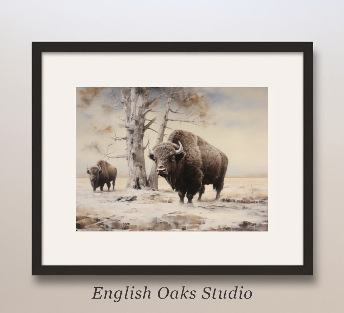 Two Bison Standing in Snowy Winter Field Vintage Western Wildlife Poster