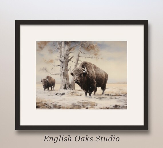 Two Bison Standing in Snowy Winter Field Vintage Western Wildlife Poster