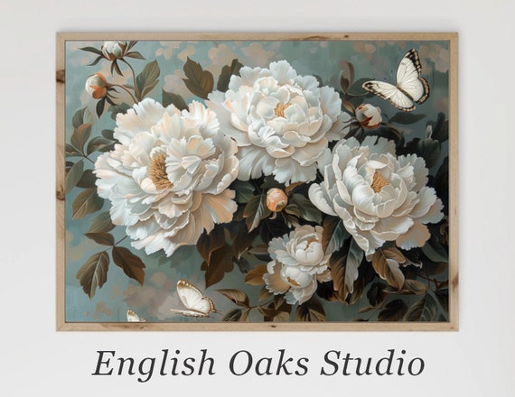 Moody Vintage White Peony And Butterflies Painting Farmhouse Antique Floral Still Life Print