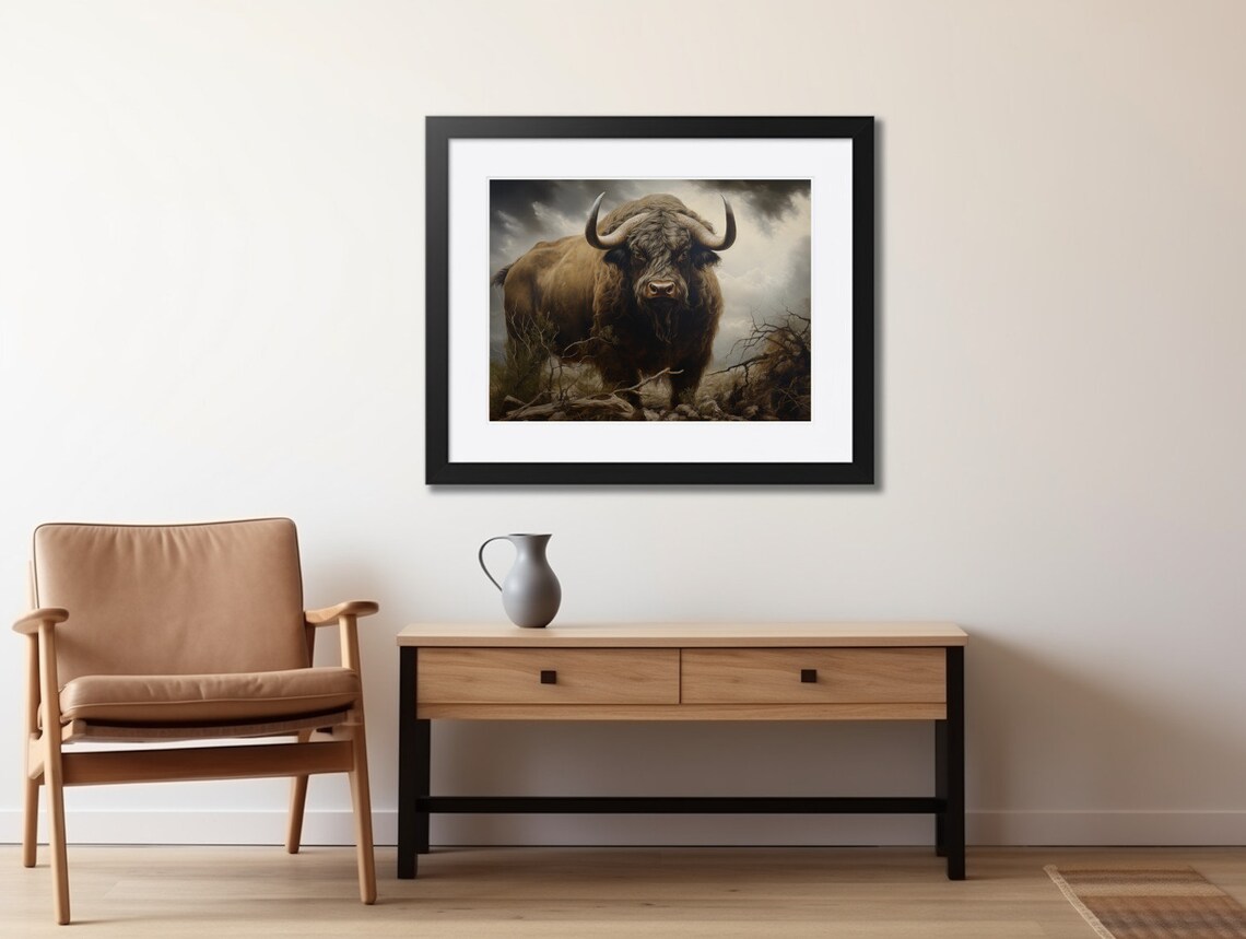 Vintage Moody Bison Oil Painting, Summer Landscape Art Print - Image 2