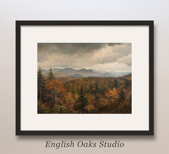 Moody Autumn Mountain Landscape Painting Vintage Fall Forest Poster