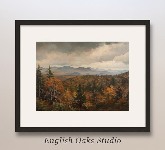 Moody Fall Landscape Painting Vintage Autumn Mountain Tree Print Neutral Alpine View Wall Art Antique Country Art 02