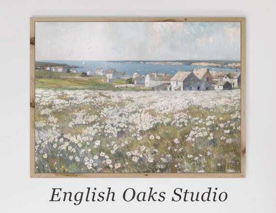 White Wildflower Meadow Above A Coastal Village By The Sea Poster