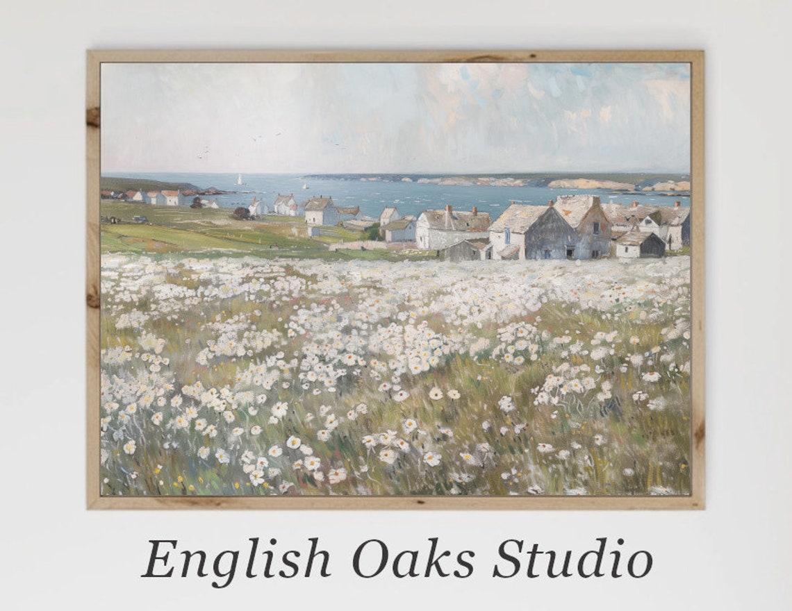 White Wildflower Meadow Above A Coastal Village By The Sea Poster