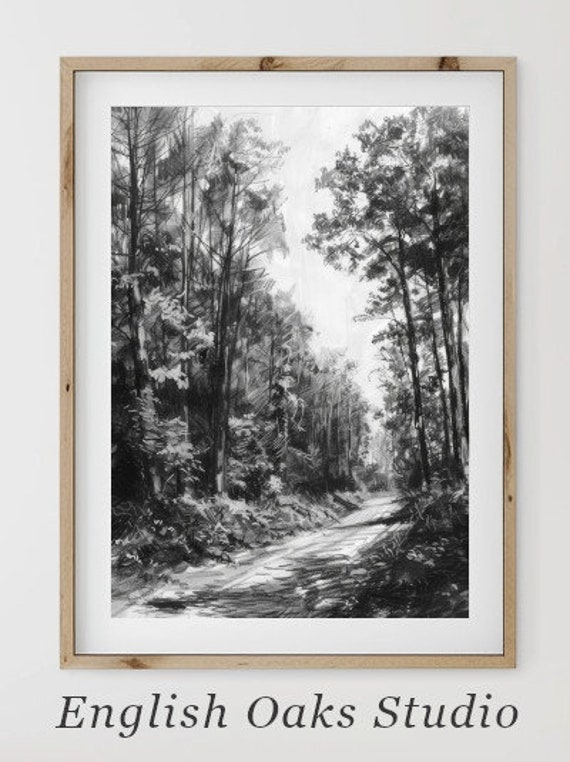 Rustic Neutral Forest Path Landscape Sketch Wall Art Vintage Landscape Decor Wall Art 02
