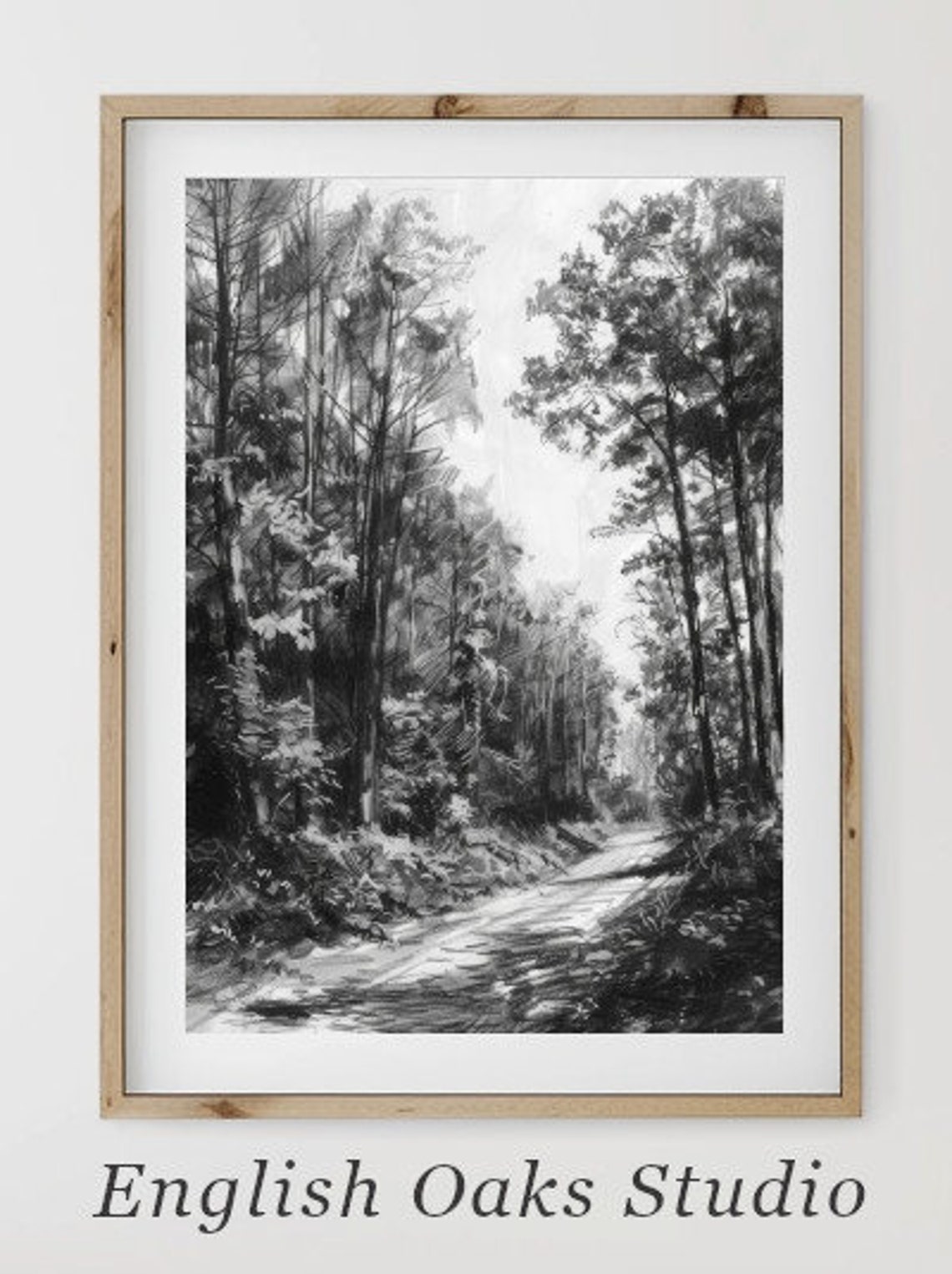 Black and White Forest Path Sketch Vintage Woodland Wall Art