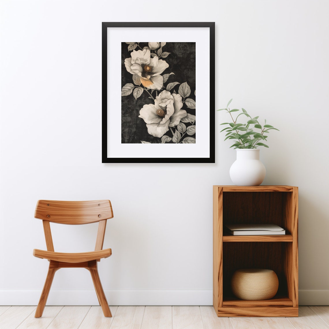 White Blooms On Black Dark Academia Vintage Moody Floral Poster - Image 2