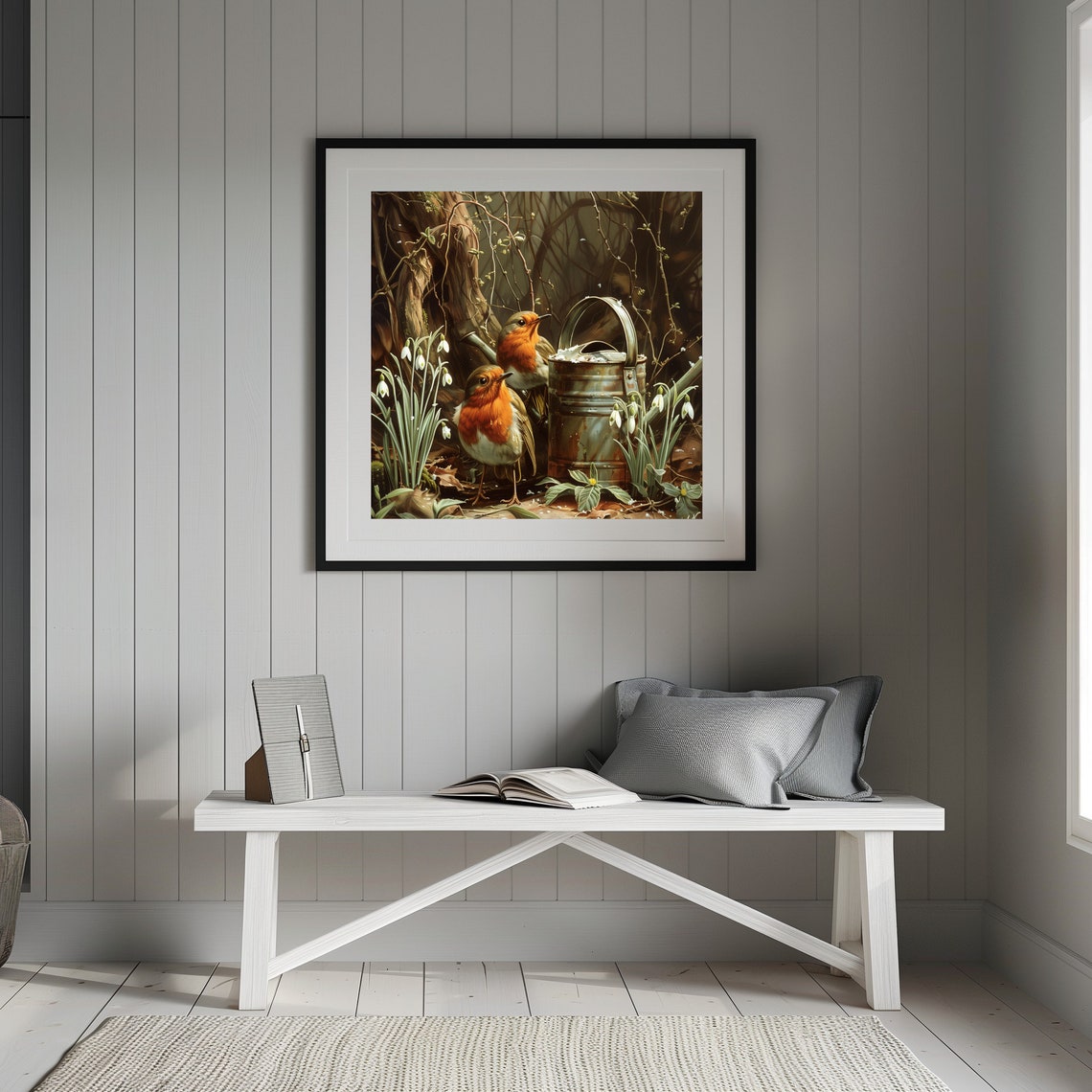 Moody Spring Snowdrops Robins And Watering Can Vintage Cottagecore Bird Botanical Forest Print 01 - Image 2