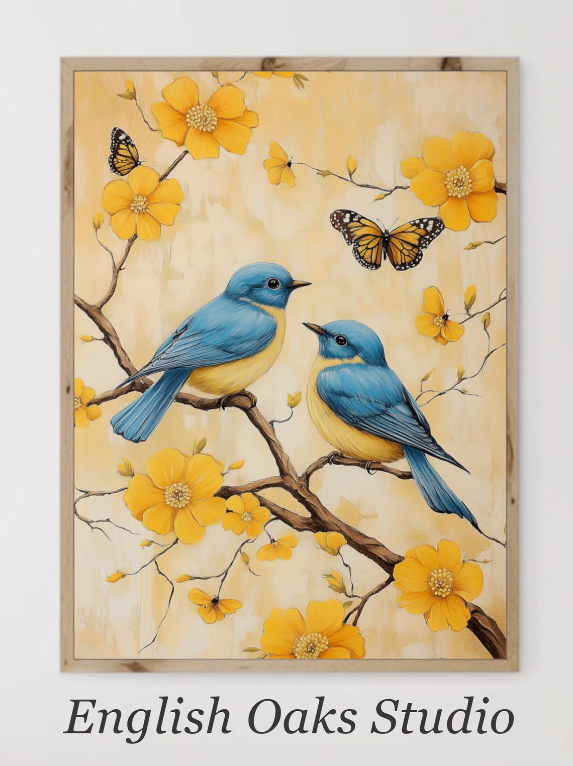 Blue And Yellow Birds With Yellow Flowers And Monarchs Poster