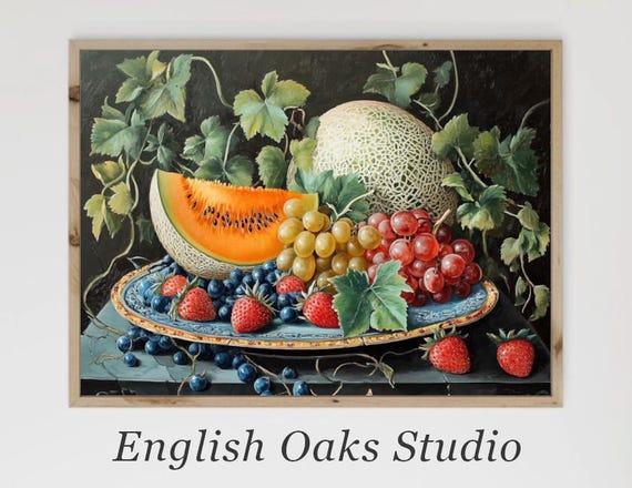 Vintage Farmhouse Fruits On A Ceramic Plate On A Table Cloth Kitchen Painting Moody Cantaloupes Grapes And Berries Still Life Print