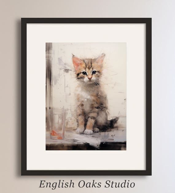 Tabby Kitten Sitting Upright in Watercolor Sketch Style Cat Poster