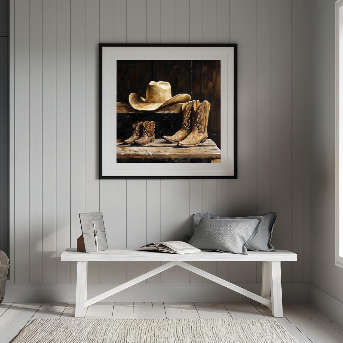 Cowboy Hat and Boots Still Life on Rustic Wooden Bench Poster - Image 2