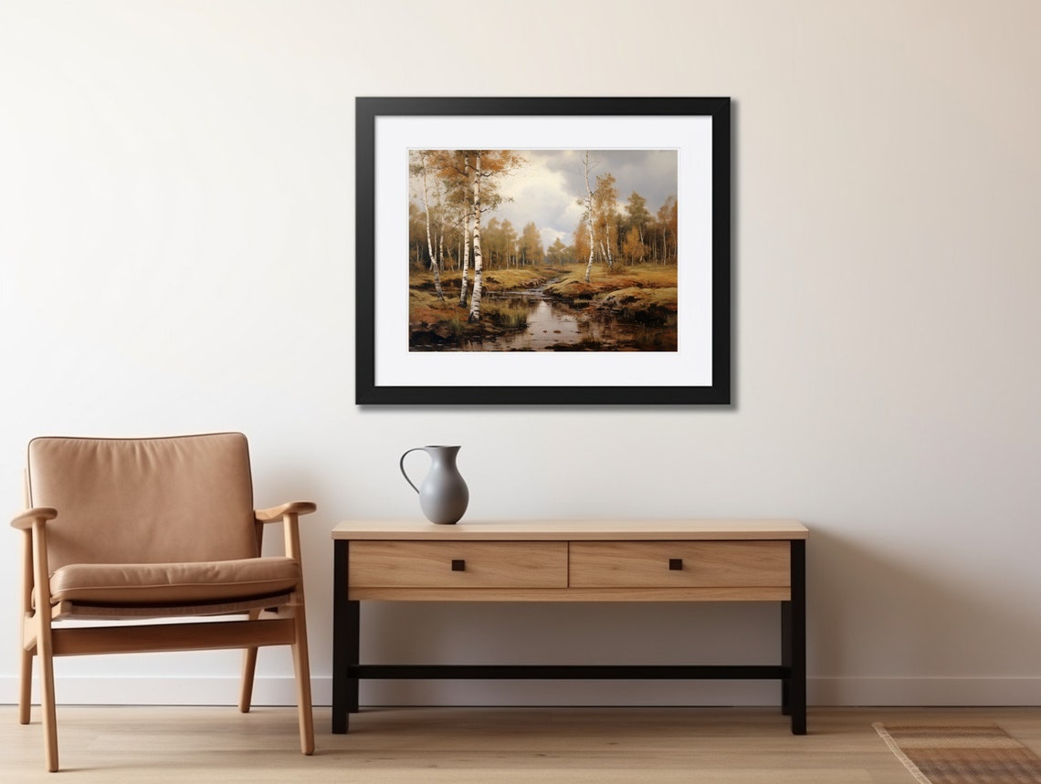 Autumn Birch Trees by a Quiet Stream Vintage Oil Painting Poster - Image 2