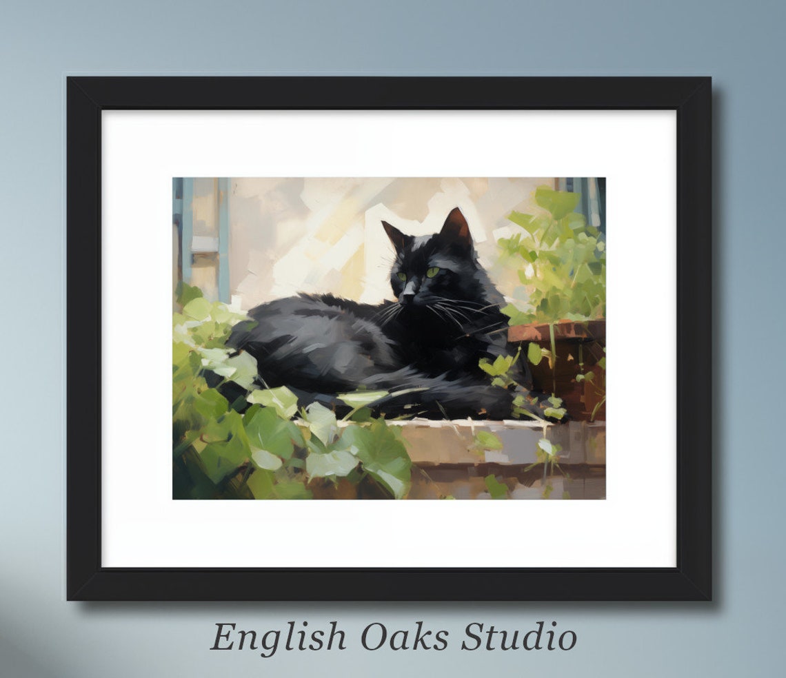 Black Cat with Green Eyes Resting on Garden Ledge Impressionist Poster
