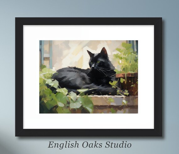 Black Cat with Green Eyes Resting on Garden Ledge Impressionist Poster
