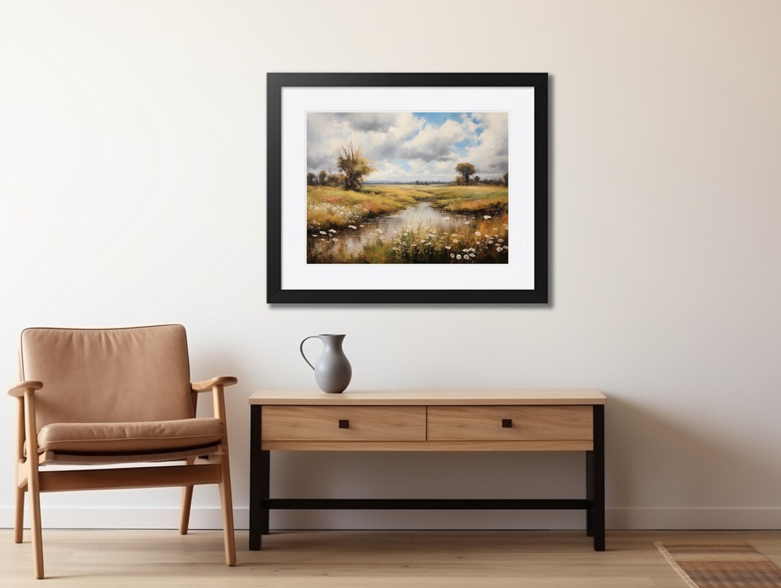 Summer Meadow Pond With Wildflowers Landscape Oil Painting Style Poster - Image 2