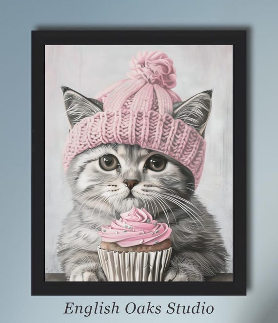 Moody Cat Dog With Pink Hat And Pink Cupcake Print Vintage Neutral Pink Animal With Hat Painting Gift Cat Decor Wall Art Nursery Decor