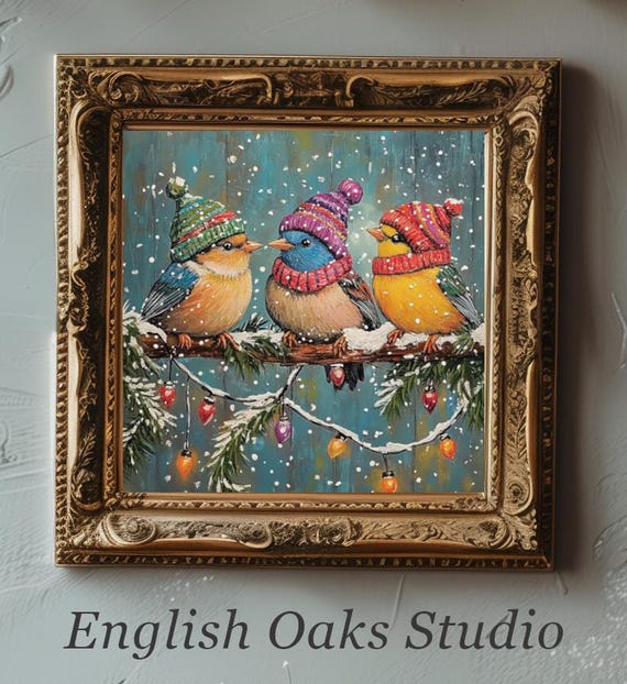 Whimsical Moody Snowy Landscape Birds With Hats On A Branch With Christmas Lights Print Winter Season Bird Decor Nursery Room Painting