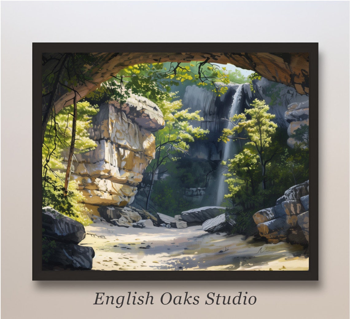 Rustic Cave Waterfall Nature Art Painting Cave With Water Forest And Sunshine Landscape Print