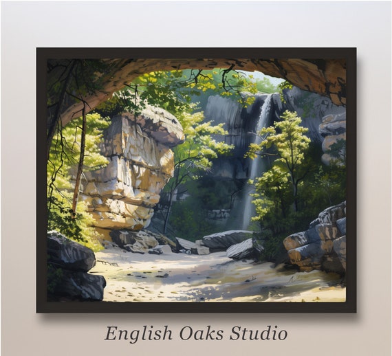 Rustic Cave Waterfall Nature Art Painting Cave With Water Forest And Sunshine Landscape Print