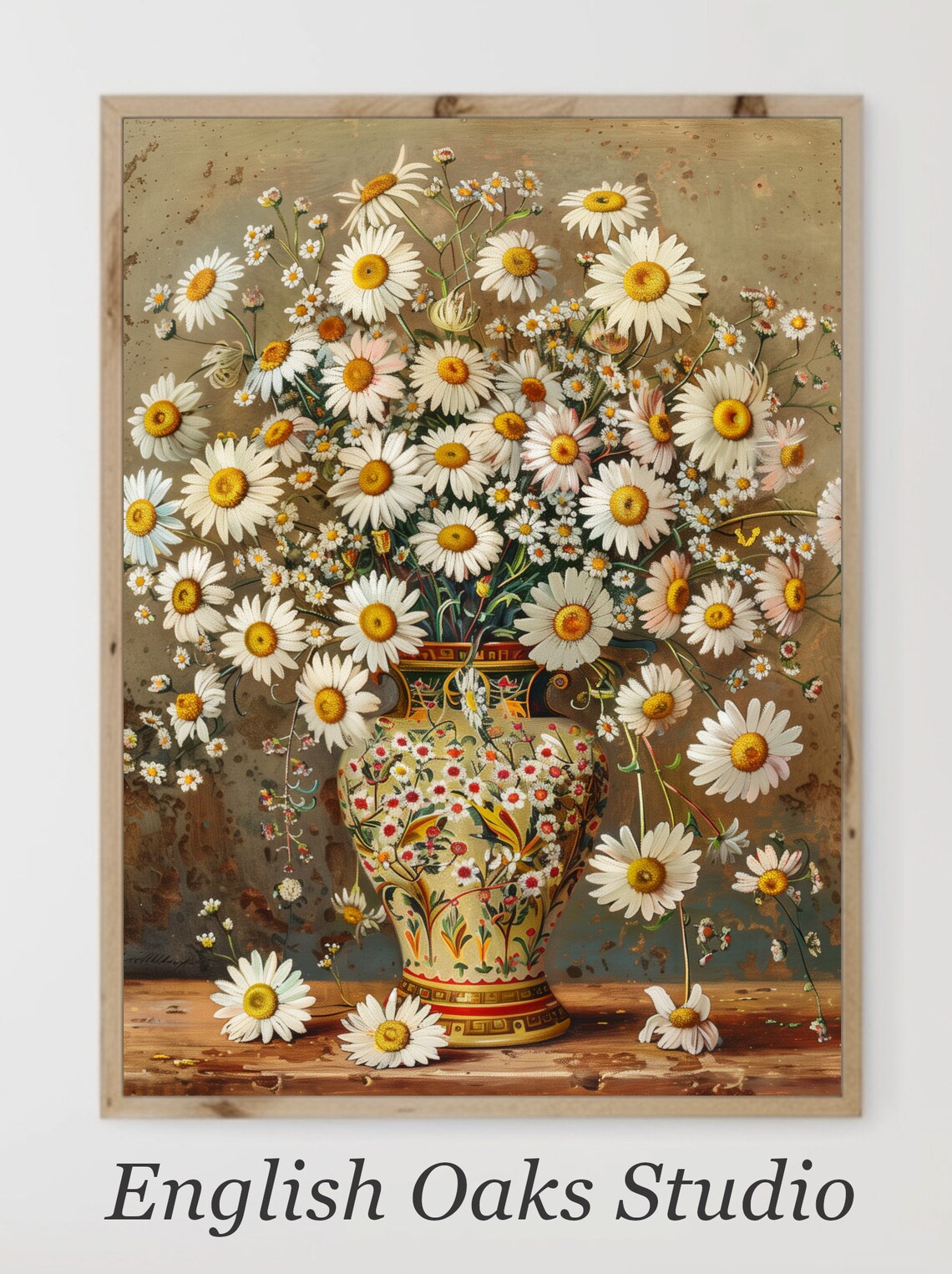 White Daisies in Ornate Painted Vase Vintage Still Life Poster
