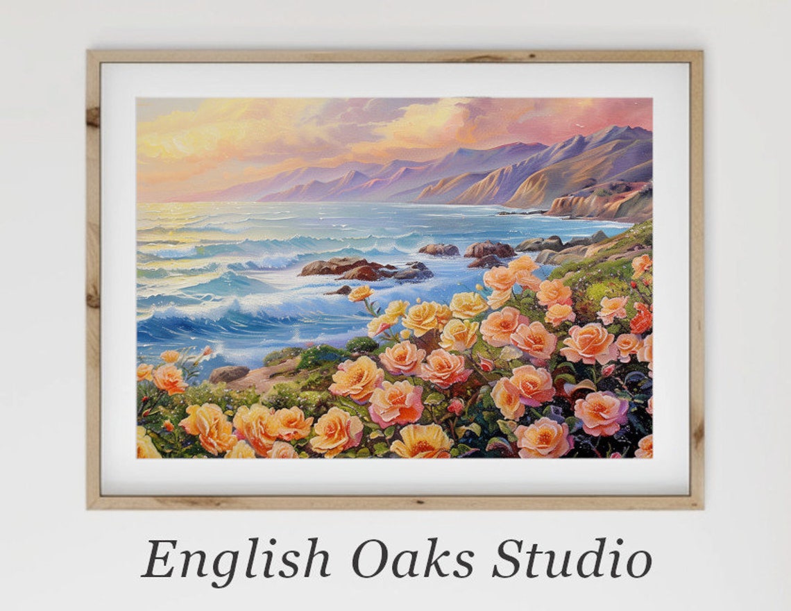 Sunset Ocean Waves Coastal Mountains Apricot Rose Garden Shore Poster
