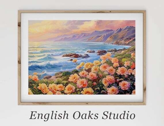 Sunset Ocean Waves Coastal Mountains Apricot Rose Garden Shore Poster