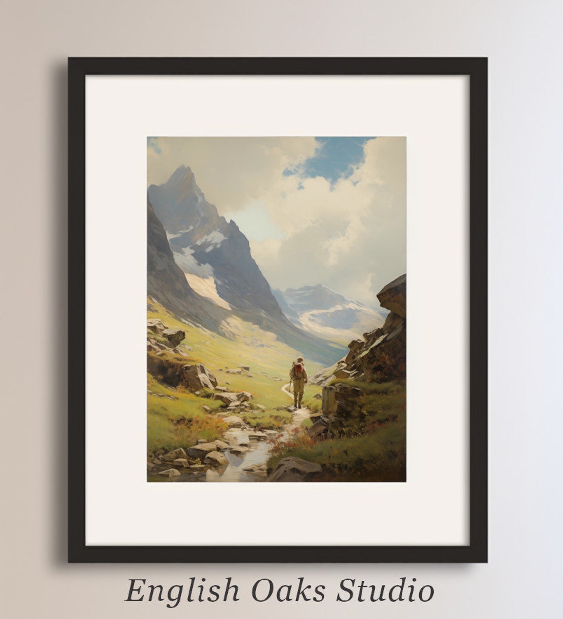 Wild Hiker on Rocky Mountain Trail Beside a Stream Vintage Poster