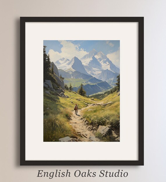 Hiker on Alpine Trail Toward Snow Capped Peaks Vintage Poster