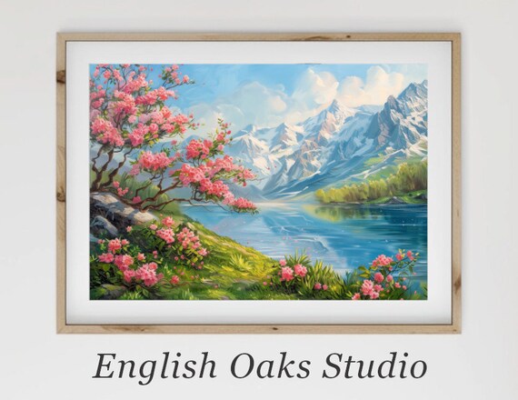 Alpine Mountain Lake Snowcapped Peaks Pink Rhododendron Bloom Poster