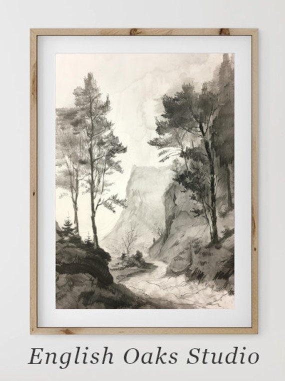 Rustic Neutral Forest Path Landscape Sketch Wall Art Vintage Landscape Decor Wall Art 05