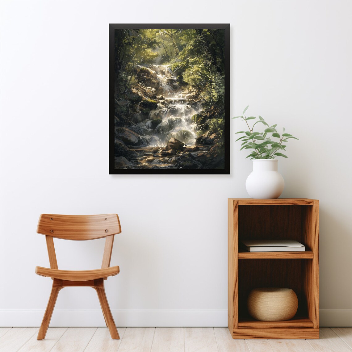 Sunlit Forest Waterfall Cascade Sparkling Stream Summer Painting Poster - Image 2