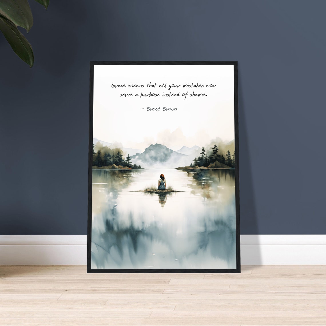 Brene Brown Grace Quote Misty Lake Woman Mountains Reflection Poster - Image 3