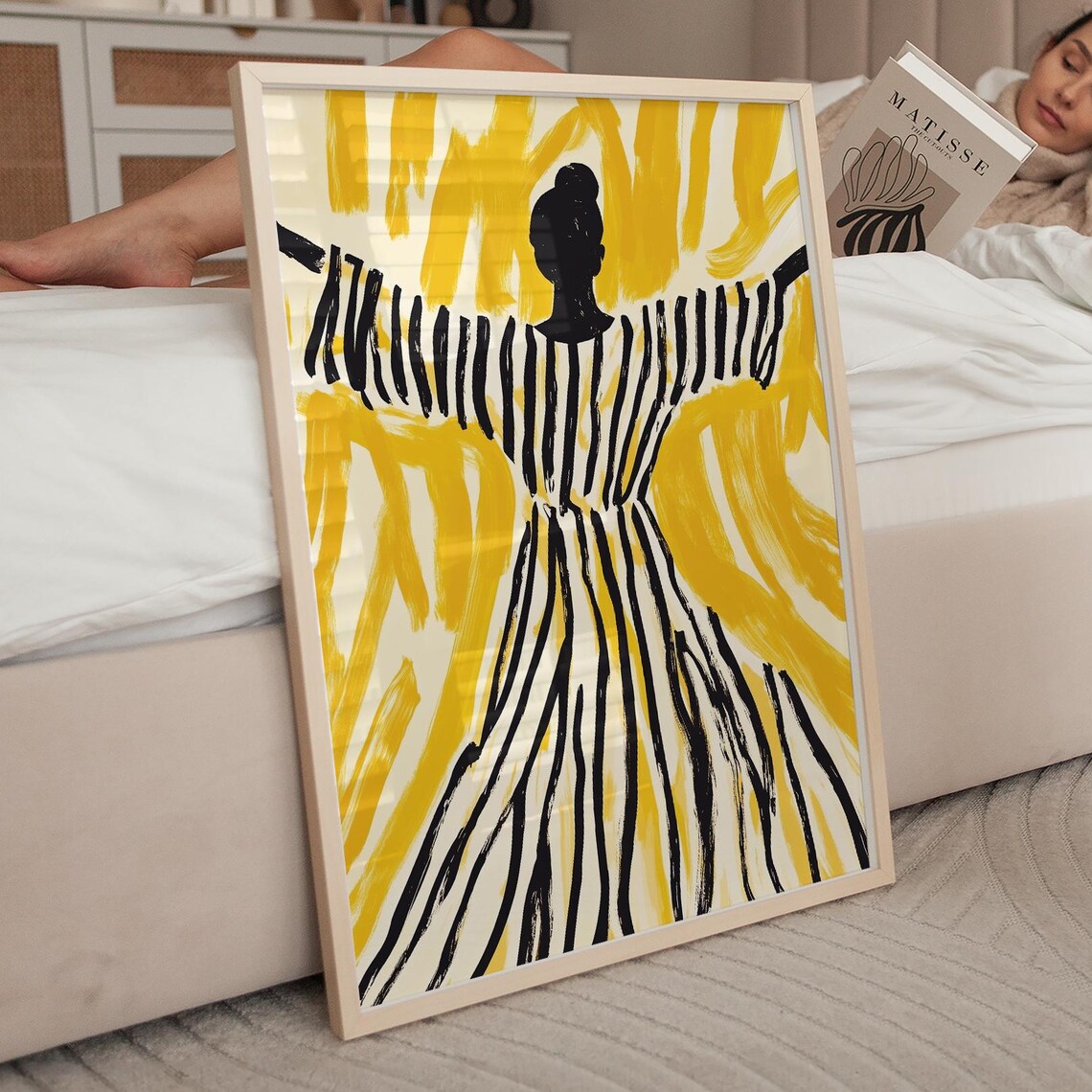 Dancing Woman Striped Dress Yellow Sunburst Abstract Art Poster