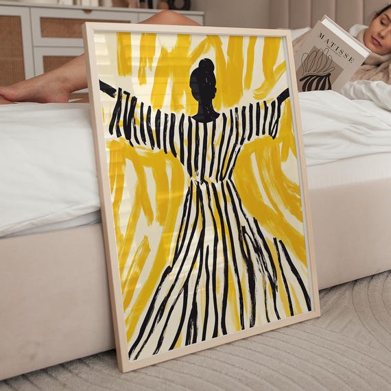 Modern Silhouette Wall Art Bold Black Yellow Abstract Woman Print Striped Dress Minimalist Contemporary Home Decor Poster