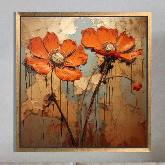 Daisy Flower Canvas Art Botanical Orange Decor Abstract Painting Print Personalized Gift For Him