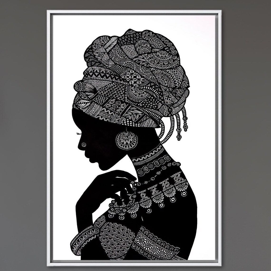 African Tribal Woman Silhouette Patterned Headwrap Black White Poster