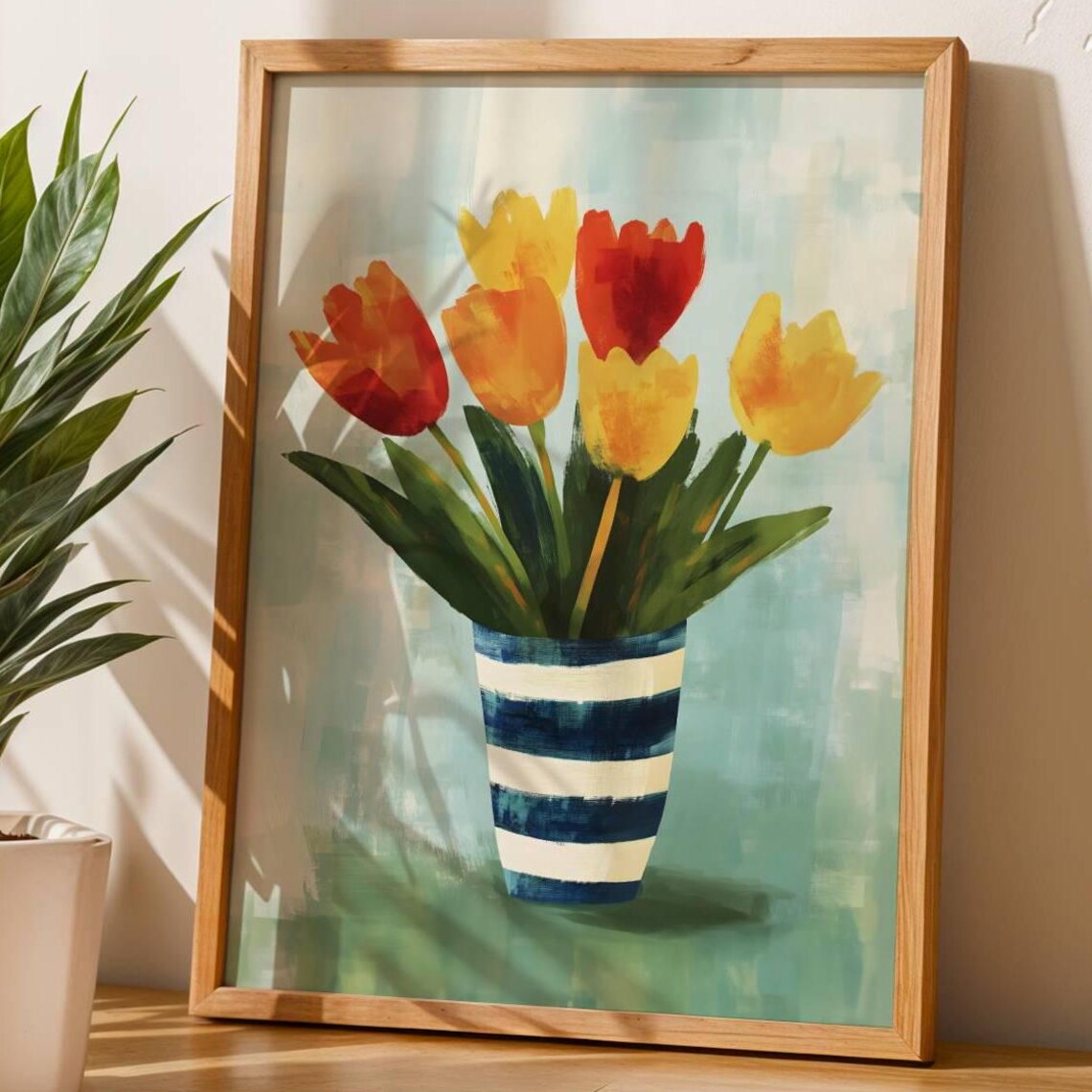 Orange And Yellow Tulips In A Striped Vase Watercolor Art Poster