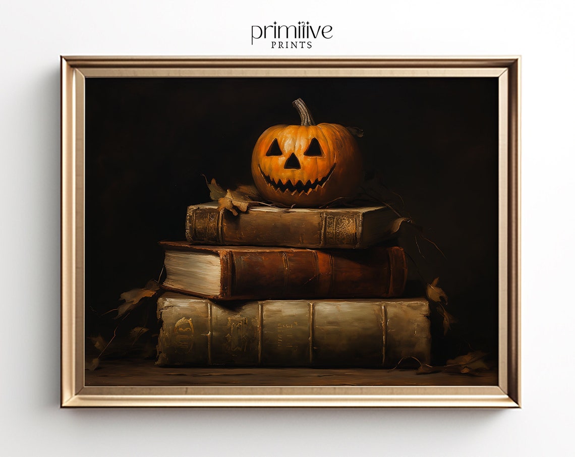 Jack-O-Lantern on Vintage Books Moody Halloween Still Life Poster