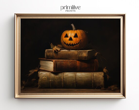 Jack-O-Lantern on Vintage Books Moody Halloween Still Life Poster
