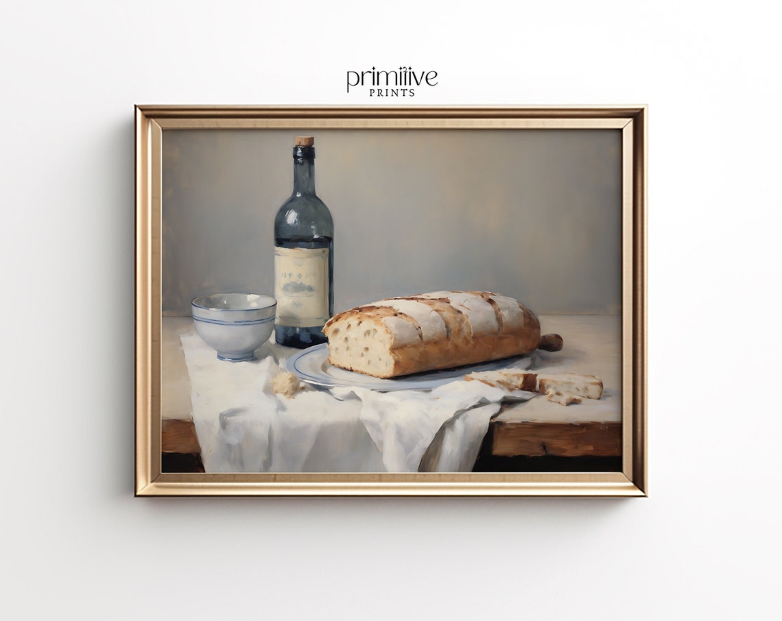 Wine Bottle Bread Bowl Rustic Still Life Oil Painting Poster