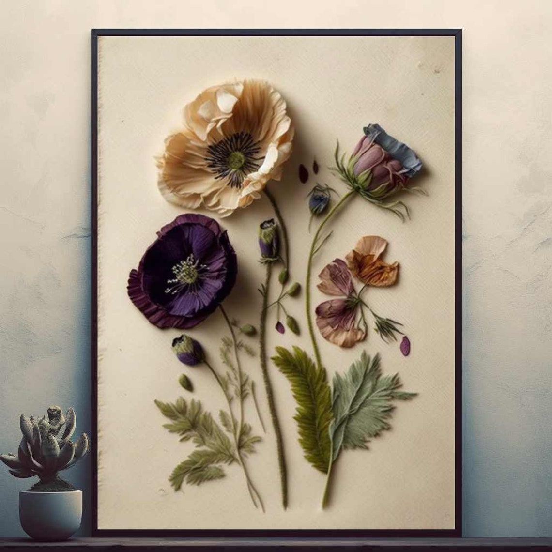 Pressed Poppies on Linen in Vintage Botanical Art Style Poster