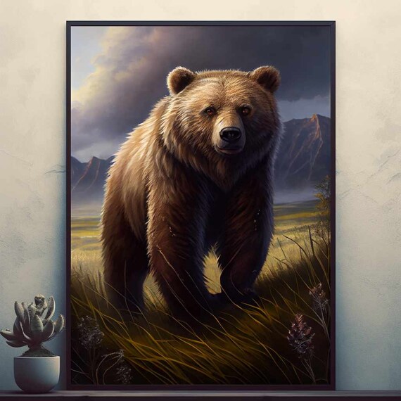Realistic Grizzly Bear Standing in Mountain Meadow at Dusk Poster