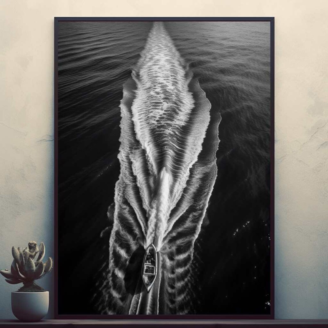 Aerial Speedboat Wake in Black and White Ocean Photo Art Poster