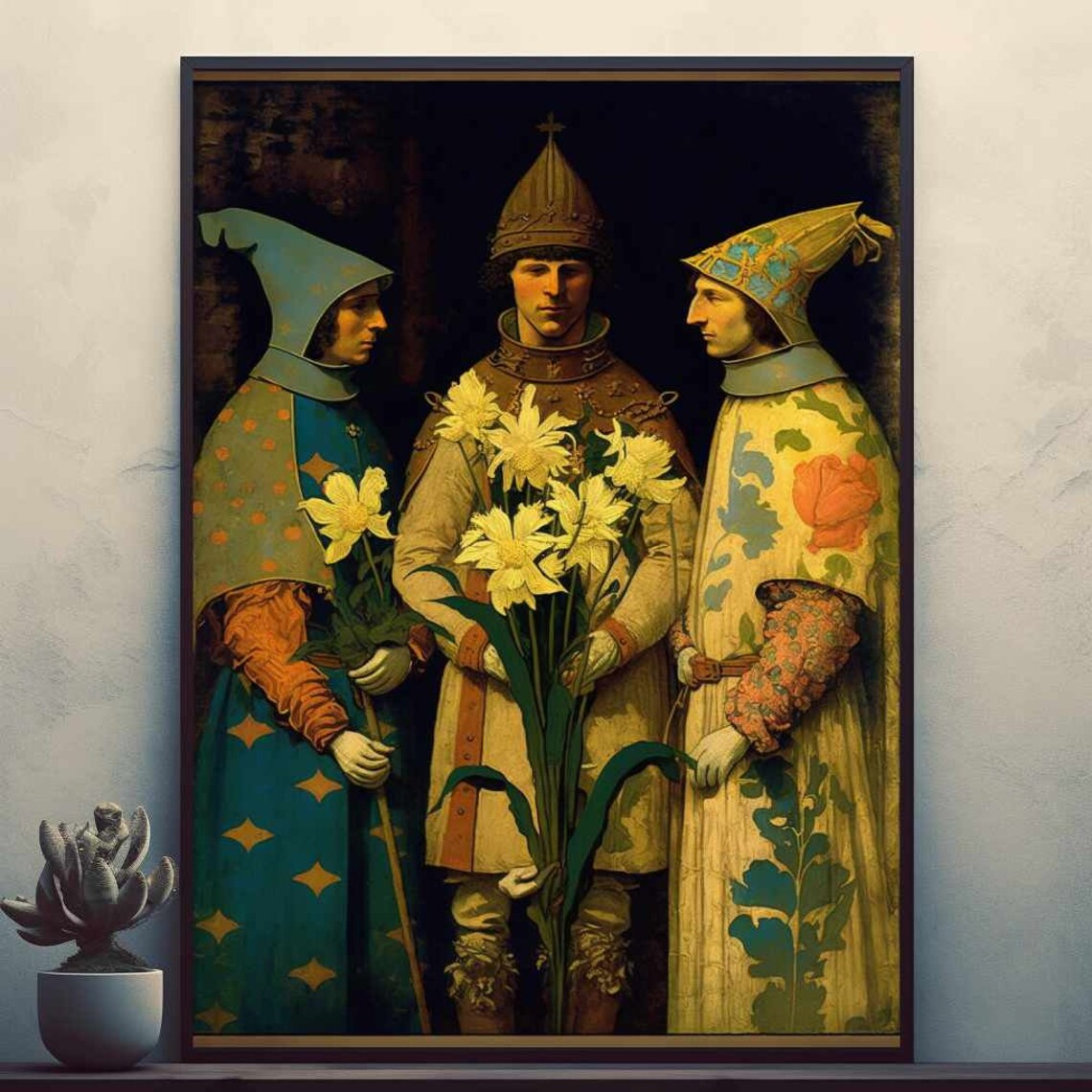 Medieval Knights Bearing Tall Yellow Flowers Vintage Art Poster