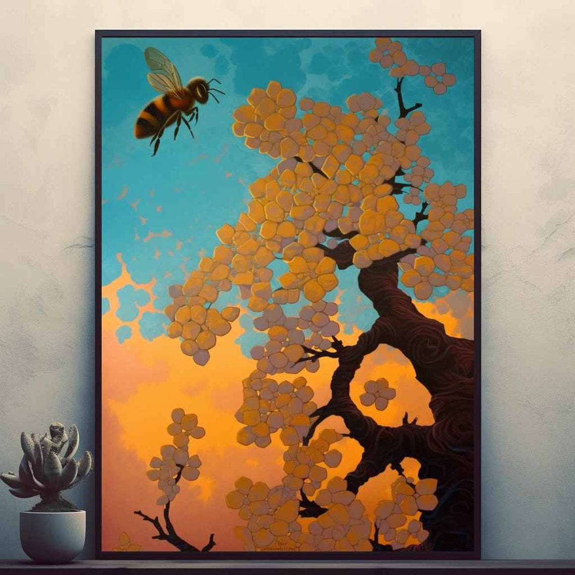 Honeybee Flying by Blooming Tree with Golden Blossoms Wall Art