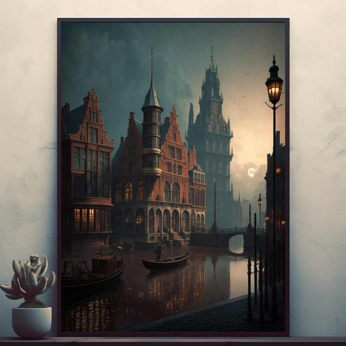 Amsterdam Canal Houses Night Vintage Style Travel Poster Evening